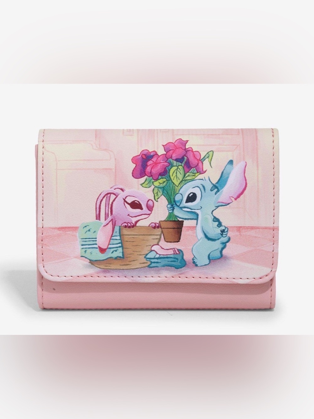 Loungefly Pink Stitch & Angel Cartoon Trifold Wallet- New